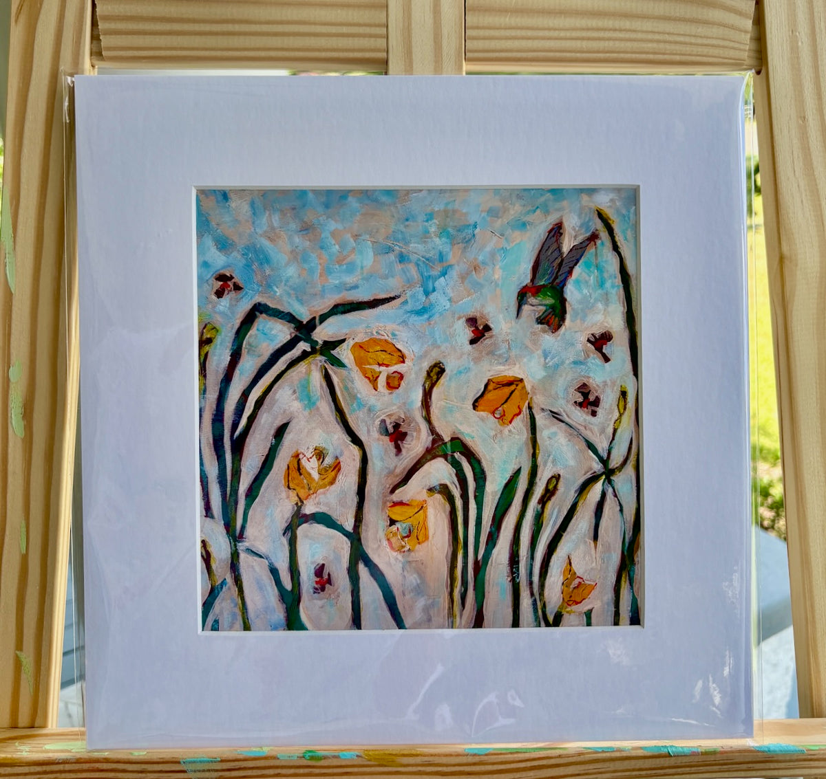 PRINT - Hummingbird with Yellow Flowers (Matted)