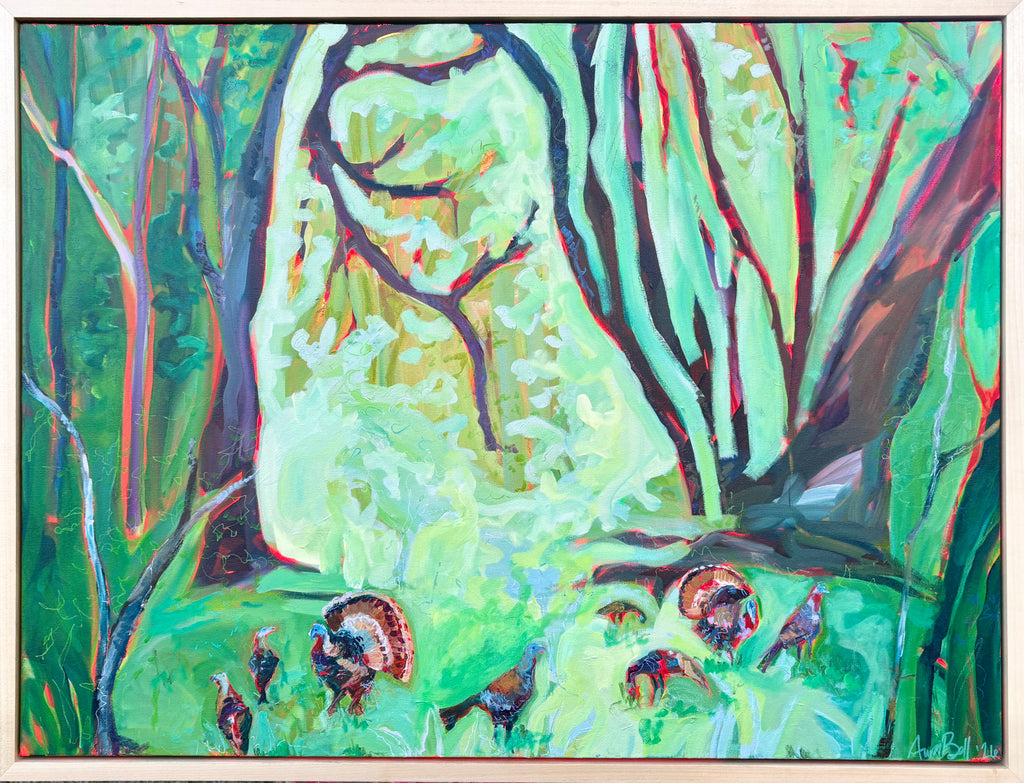 There's a Few of 'Em, a framed painting of wild turkeys beneath green woodland trees with coral accents.