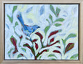 Look Who's Come Along, a blue bird among white and green foliage with burgundy accents in a handmade poplar frame.