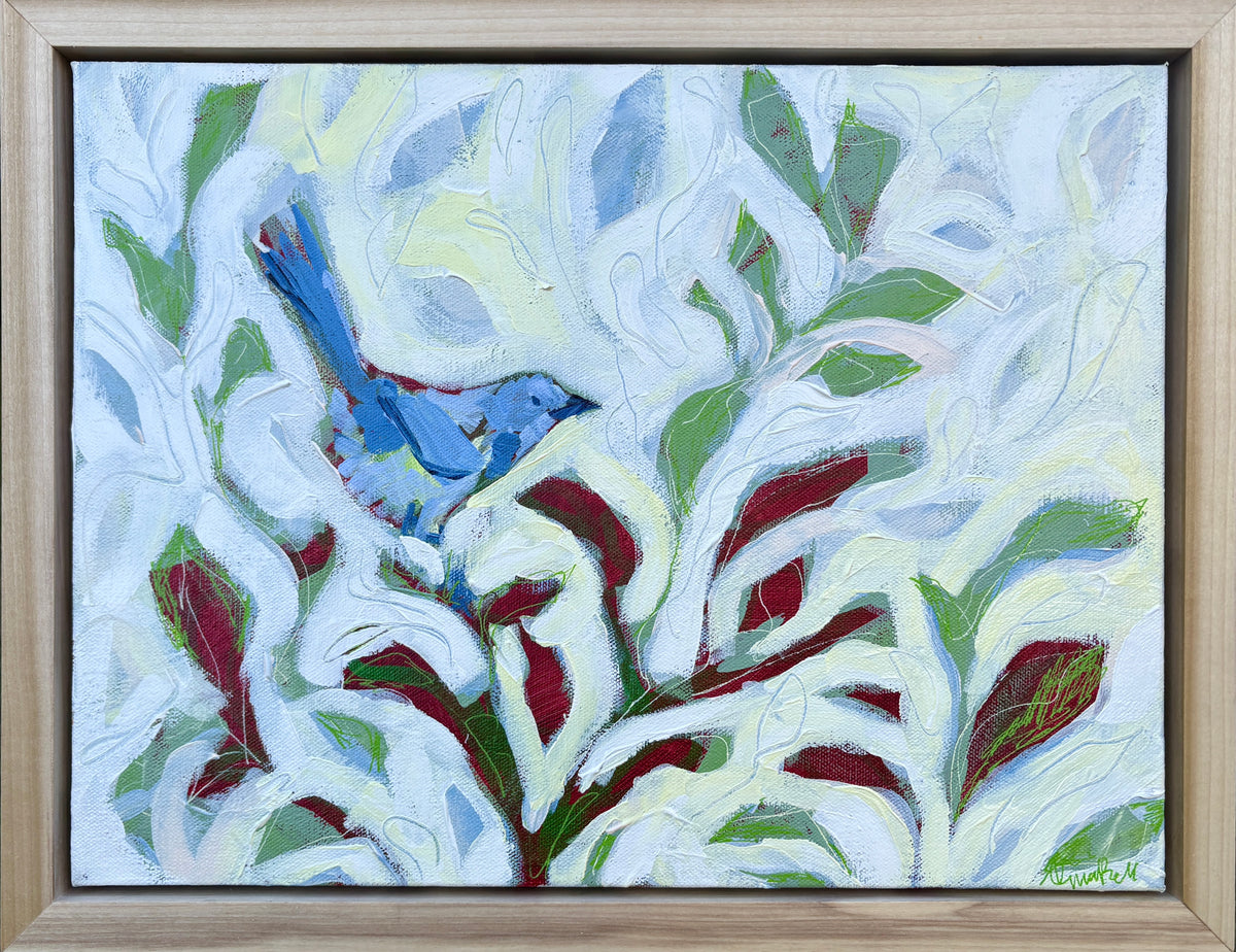 Look Who's Come Along, a blue bird among white and green foliage with burgundy accents in a handmade poplar frame.