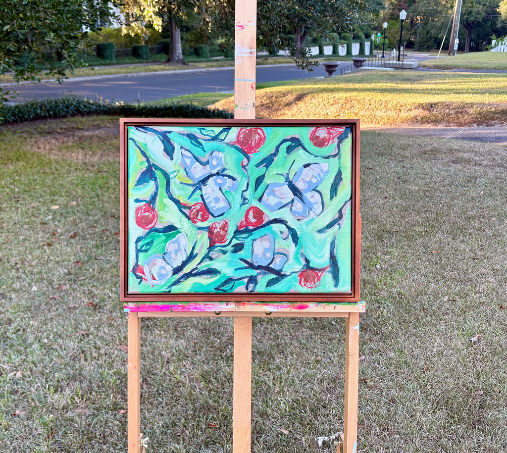 Look Who's In the Vines, pale blue butterflies among dark winding vines, green layers, and red accents.